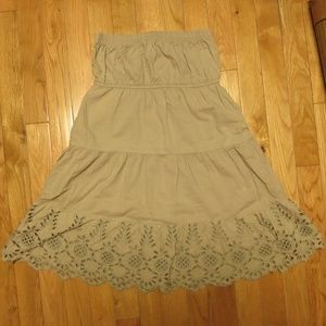 Taupe Flowy Strapless Top with Lace Trimming